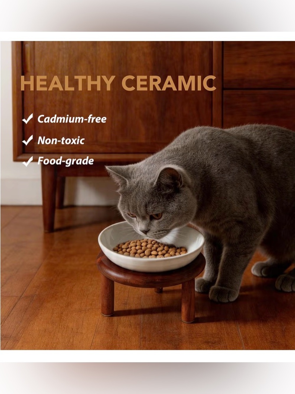 Set of two elevated bowls for cats on two adjustable heights on acacia platform - Picture 9 of 16